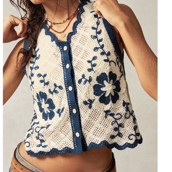 Boho Floral Print Button Down Crochet Shirt Vest - Picture 3 of 5